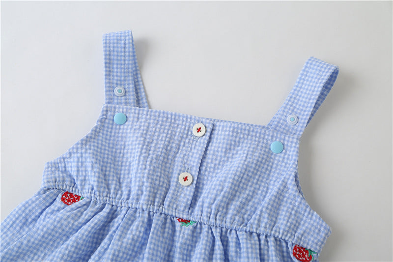 Baby Girl Plaid Graphic Strawberries Embroidery Snap Button Jumpsuit & Solid Tee Sets
