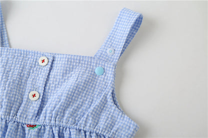 Baby Girl Plaid Graphic Strawberries Embroidery Snap Button Jumpsuit & Solid Tee Sets