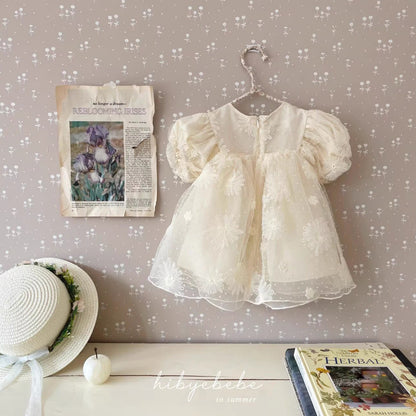 Design Summer Kids Girls Elegant Style Floral Embroidered Mesh Short Sleeves Dress