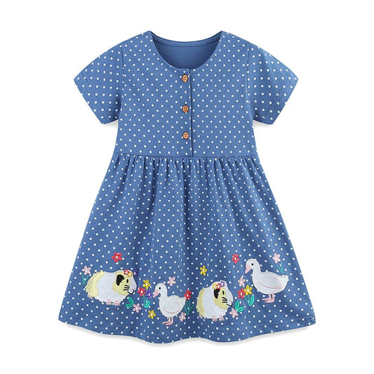 Summer Pure Cotton Dots and Animals Pattern Short Sleeves Dress for Stylish Girls