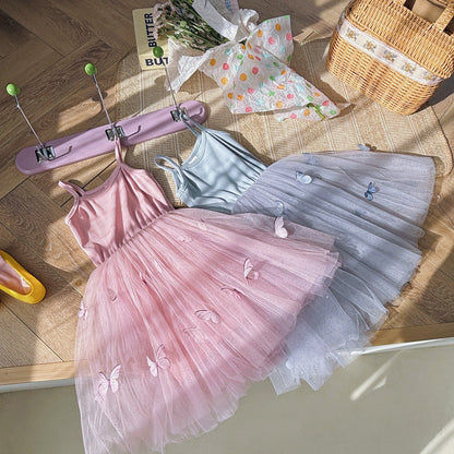 Summer Arrival Butterfly Pattern Sleeveless Tulle Patchwork Dress for Stylish Girls