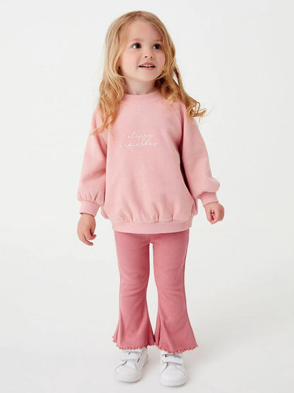 Spring Baby Kids Girls Letters Embroidery Long Sleeves Pullover And Solid Flared Pants Clothing Set