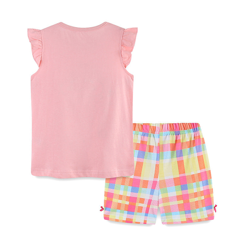 Summer Baby Kids Cartoon Jellyfish Pattern Vest and Plaid Shorts Clothing Set for Girls