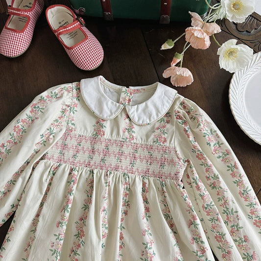 Arrival Autumn Girls Floral and Striped Pattern Long Sleeves Dress