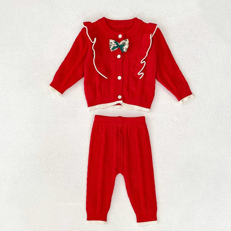 Arrival Autumn Baby Girls Long Sleeves Color Patchwork Jacquard Pattern Knitted Top Cardigan and Long Trousers Clothing Set