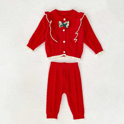 Arrival Autumn Baby Girls Long Sleeves Color Patchwork Jacquard Pattern Knitted Top Cardigan and Long Trousers Clothing Set