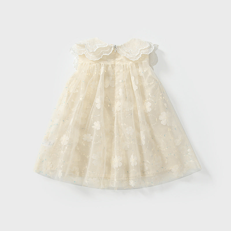 Summer Arrival Baby Girls Cute Floral Pattern Tulle Sleeveless Dress with Collar