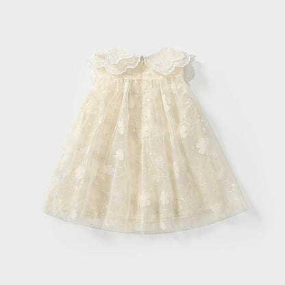 Summer Arrival Baby Girls Cute Floral Pattern Tulle Sleeveless Dress with Collar