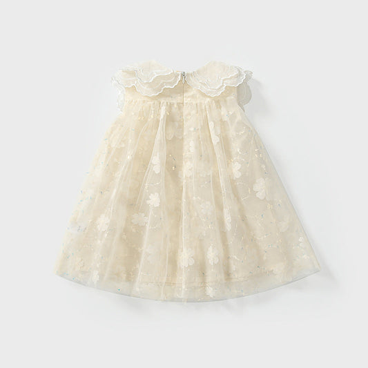 Summer Arrival Baby Girls Cute Floral Pattern Tulle Sleeveless Dress with Collar