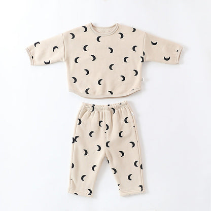 Unisex Baby Moon Print Round Collar Top Combo Long Pants In Sets