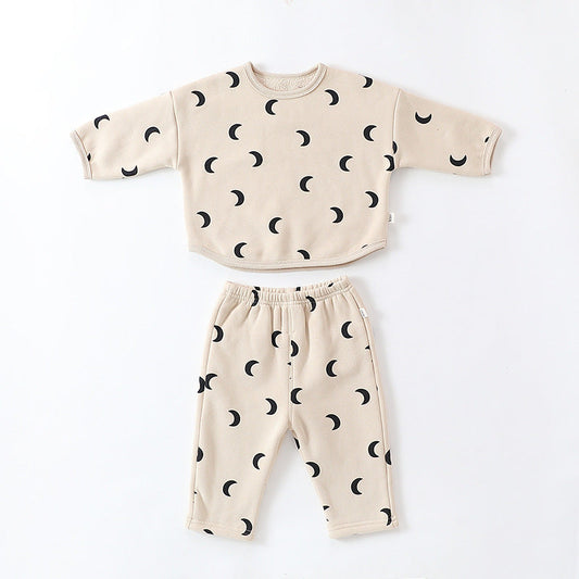 Unisex Baby Moon Print Round Collar Top Combo Long Pants In Sets
