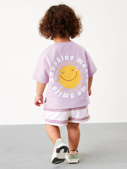 Baby And Kids Girls Purple Short Sleeves Top And Shorts Casual Clothing Set