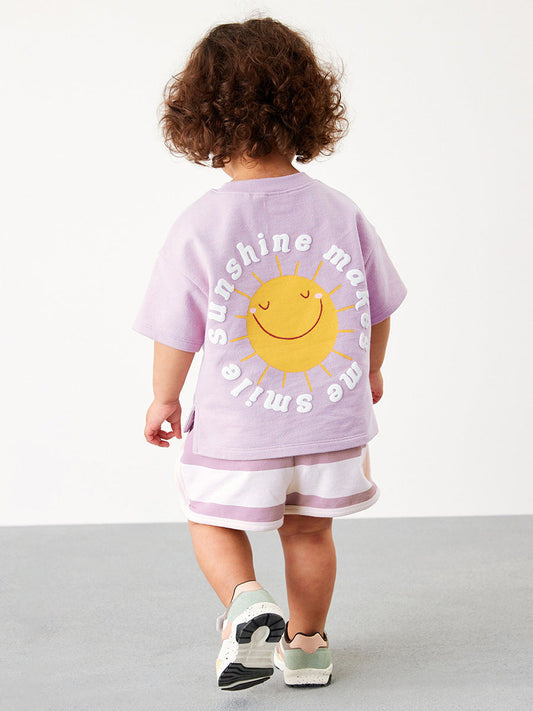 Baby And Kids Girls Purple Short Sleeves Top And Shorts Casual Clothing Set