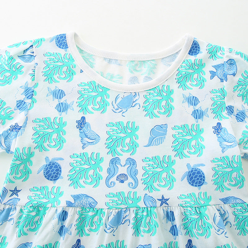 Summer Arrival Marine Animals Pattern Short Sleeves Dress for Stylish Girls