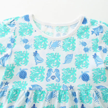 Summer Arrival Marine Animals Pattern Short Sleeves Dress for Stylish Girls