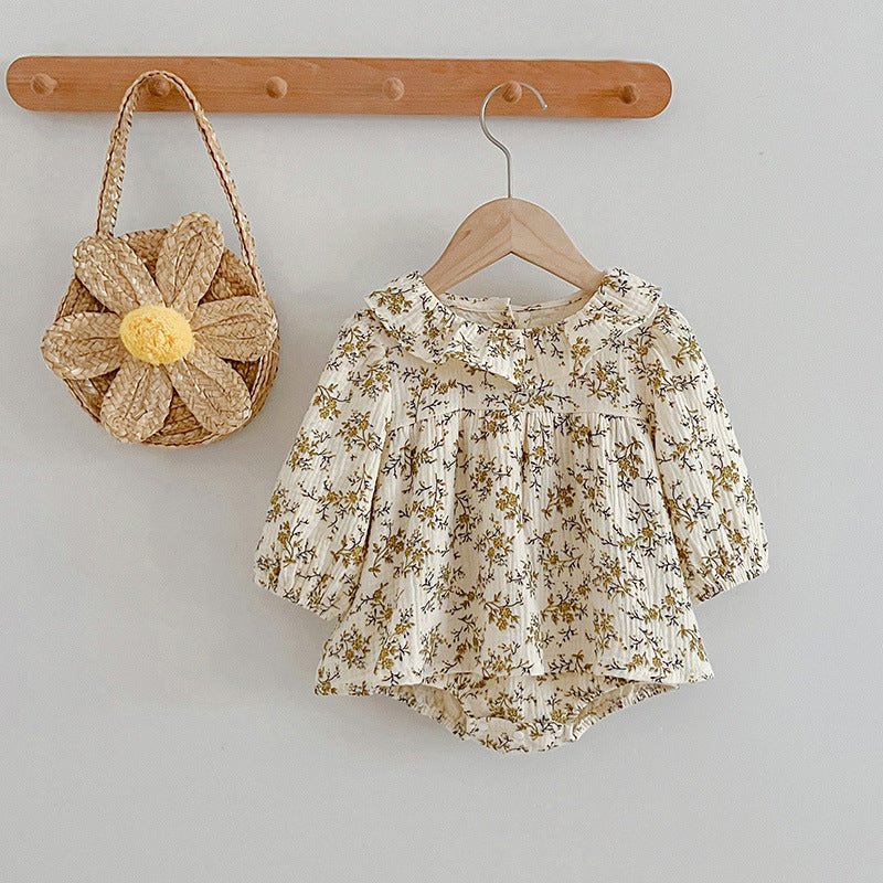 Floral Pattern Ruffle Neck Baby Onesies Dress