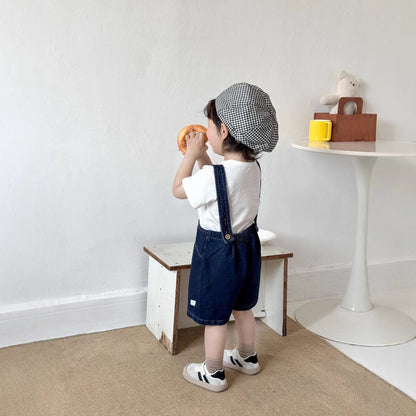 Summer Arrival Baby Kids Unisex Sleeveless Solid Color Denim Strap Overalls and White T-Shirt Clothing Set