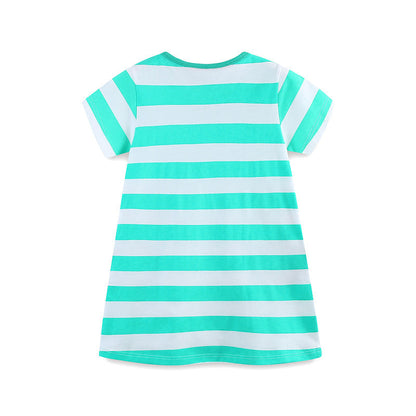 Summer Arrival Cotton Animals Pattern Short Sleeves Striped Dress for Stylish Girls