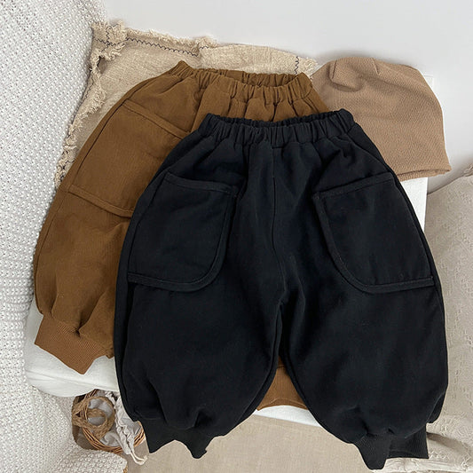 Baby Solid Color Casual Double Layel Thickened Vintage Style Pants