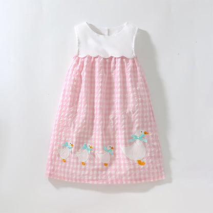 Summer Baby Girls Sleeveless Plaid Patchwork Geese Pattern Dress