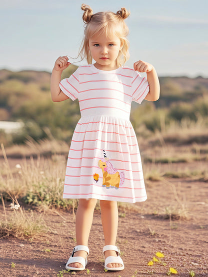 Summer Striped Dress for Girls, European and American Cute Animals Cartoon Pattern Dress