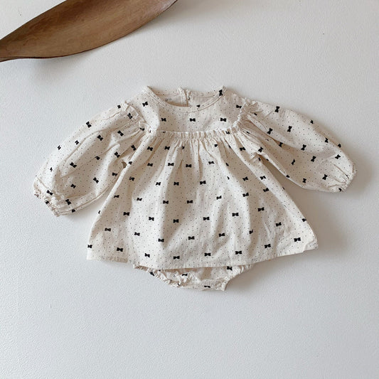 Baby Girl Bow & Polka Dot Graphic A-Line Long Sleeves Shirt Combo Triangle Shorts Sets