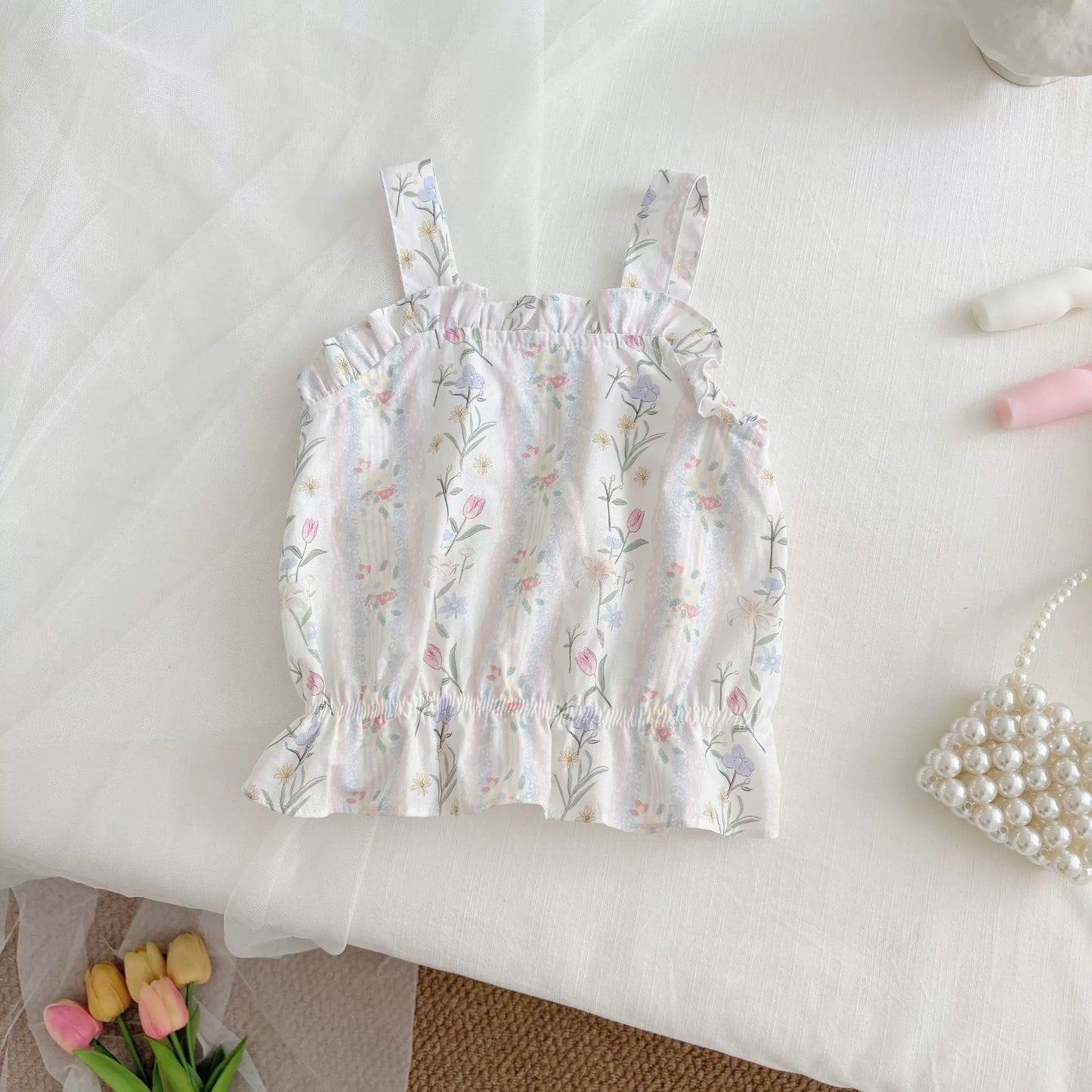 Summer Hot Selling Baby Girls Sleeveless Flowers Pattern Vest and Shorts Clothing Set