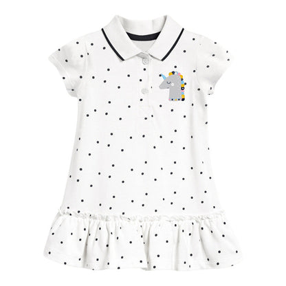Girls’ Clothing: Summer Collection – Collar Flip Pure Cotton Unicorn Logo Children’s Polo Dress