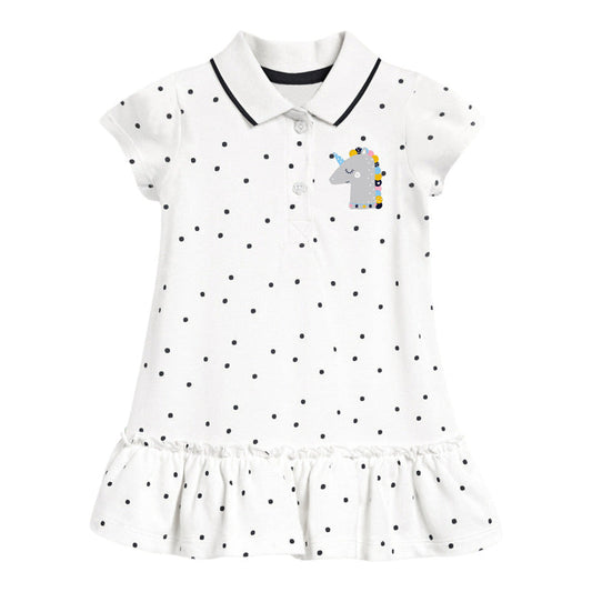 Girls’ Clothing: Summer Collection – Collar Flip Pure Cotton Unicorn Logo Children’s Polo Dress