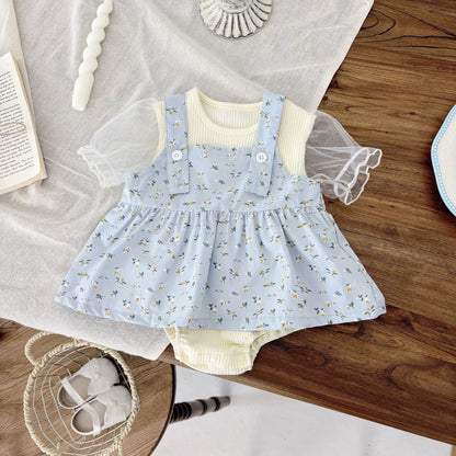 Summer Arrival Baby Kids Girls Sleeveless Floral Pattern Strap Overalls and Beige Onesies Clothing Set