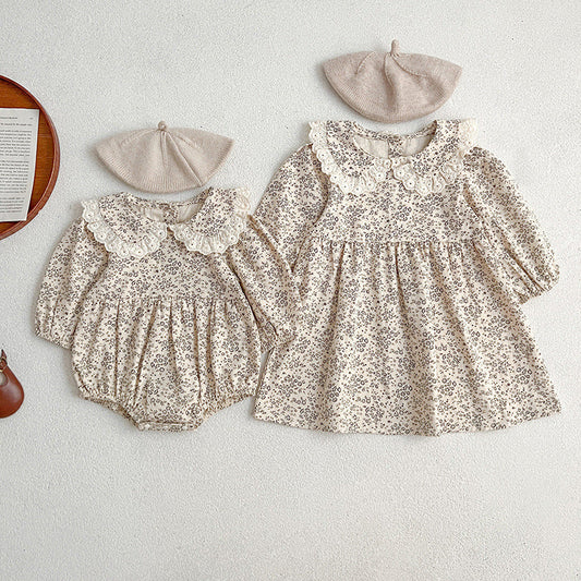 Adorable Baby Lace Collar Romper And Floral Print Girls’ Dress – Princess Sister Matching Set