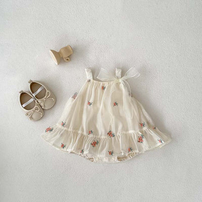 Summer Arrival Baby Girls Sleeveless Flowers Pattern Tulle Strap Onesies Dress