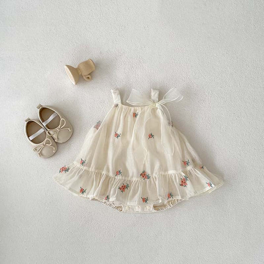 Summer Arrival Baby Girls Sleeveless Flowers Pattern Tulle Strap Onesies Dress