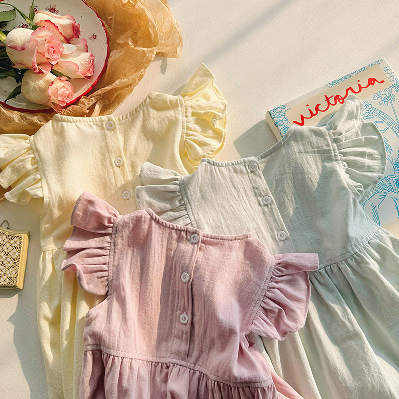 Summer Arrival Kids Girls Fly Sleeves Floral Pattern Embroidery Princess Dress