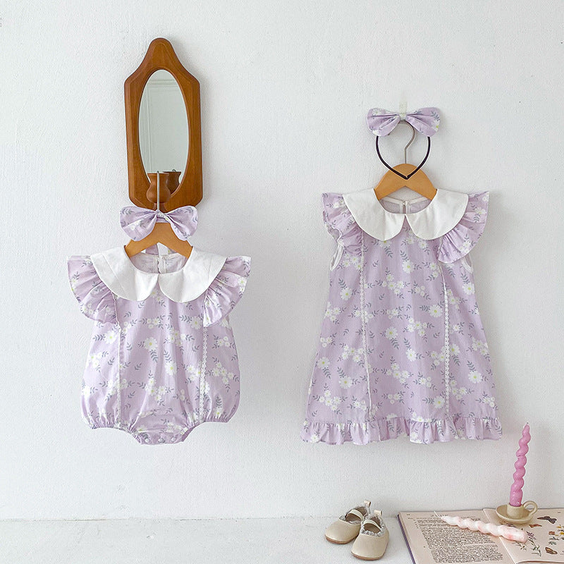 Arrival Summer Girls Flowers Pattern Fly Sleeves Peter Pan Collar Onesies And Dress – Sister Matching Clothing Set