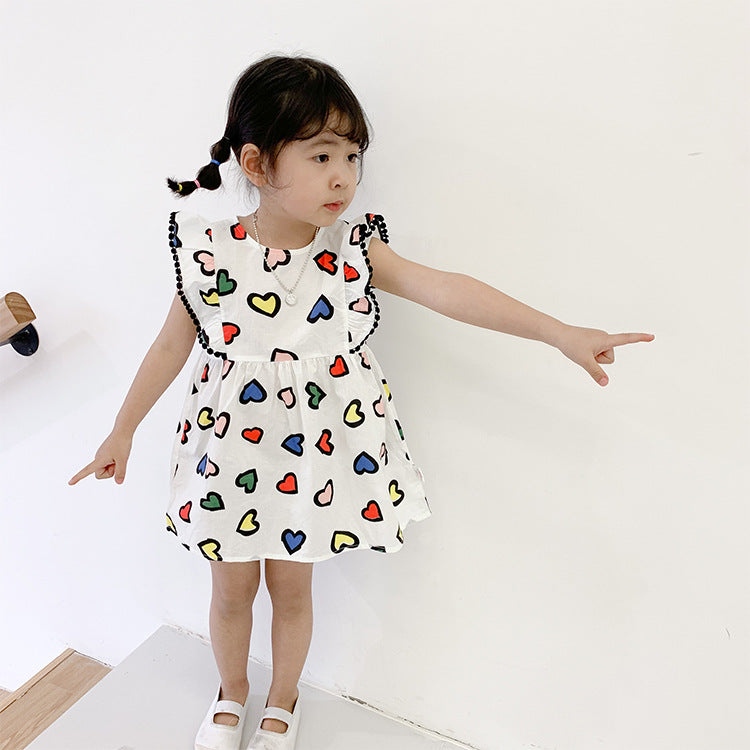Best Selling Summer Baby Kids Girls Colorful Heart Pattern Fly Sleeves Dress