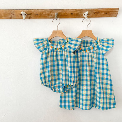 Summer Baby Girls French-style Flowers Pattern Fly-sleeved Plaid Onesies and Dress – Princess Sister Matching Set