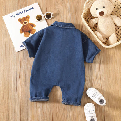 Autumn and Spring Arrival Baby Casual Pocketed Denim Rompers with Turn-down Collar