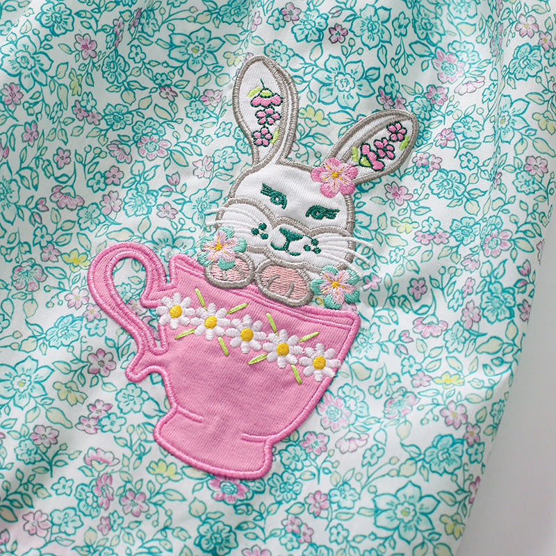 Summer Arrival Animals Cartoon Pattern Short Sleeves Floral Dress for Stylish Girls