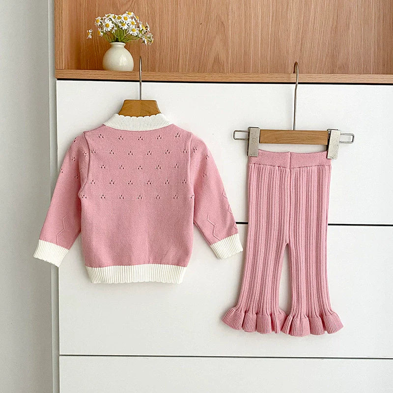 Arrival Autumn Baby Girls Long Sleeves Hollow-out and Flowers Pattern Knitted Top Cardigan and Long Trousers Clothing Set