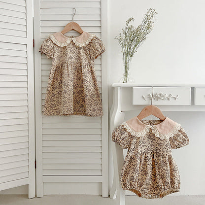 Design Summer Baby Kids Girls Floral Pattern Short Sleeves Peter Pan Collar Onesies And Girls’ Dress – Princess Sister Matching Set