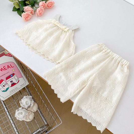 Summer Baby Kids Solid Color Sleeveless Dots Embroidery Pattern Top Dress and Pants Clothing Set for Girls