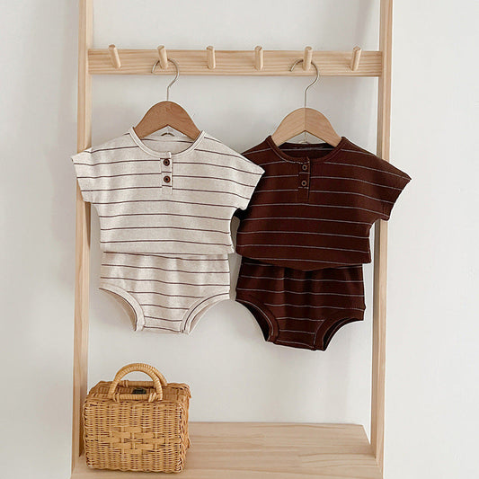 Baby Kids Unisex Striped Short Sleeves Top And Shorts Casual Clothing Set