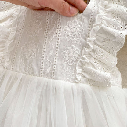Summer Girls Flower-Embroidered And Hollow Out Strap White Onesies Dress