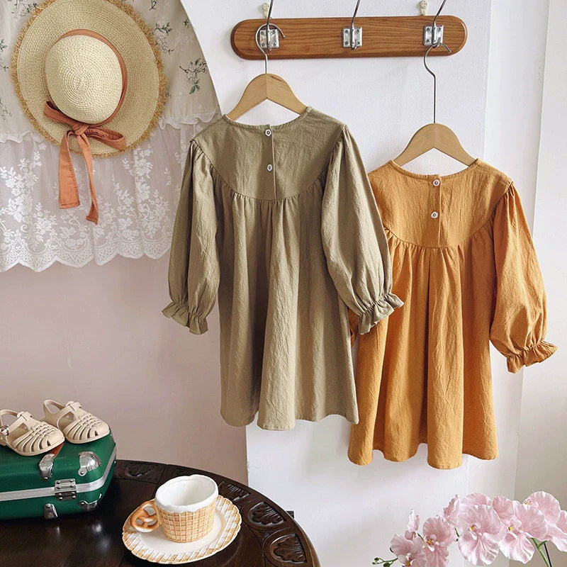 Arrival Autumn Girls Flowers Embroidery Pattern Long Sleeves Dress