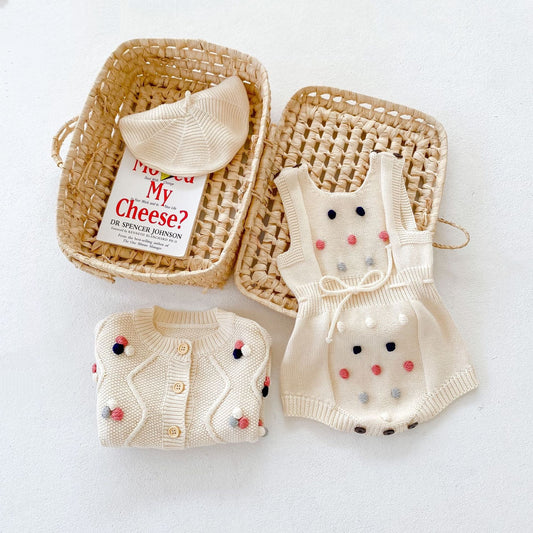 Baby Girl Colorful Handmade Ball Patched Belted Knitted Bodysuit or Cardigan One Pieces Sets