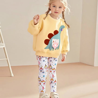 Winter and Autumn Girls Dinosaurs Cartoon Pattern Long Sleeves Sweatshirt and White Pants Clothing Set