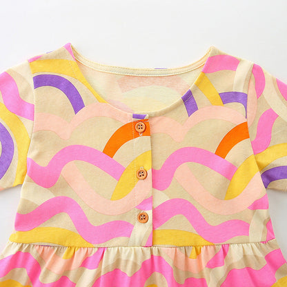 Summer Pure Cotton Waves Pattern Short Sleeves Dress for Stylish Girls
