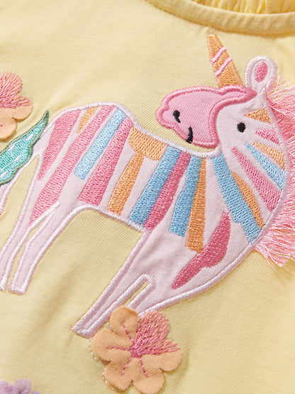 Arrival Summer Girls Unicorn Pattern Crew Neck Short Sleeves Tulle Patchwork Princess Dress