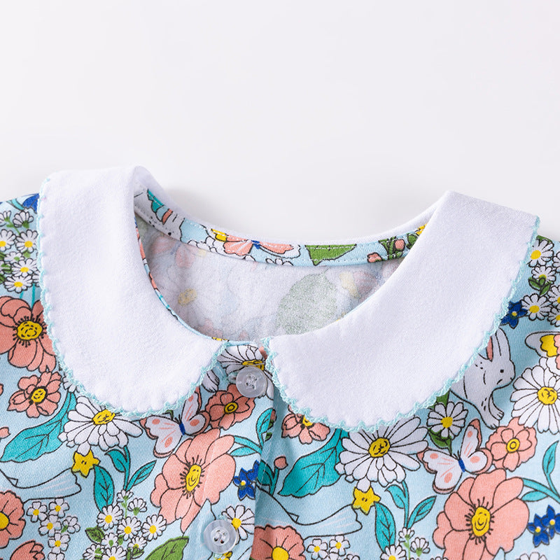 Autumn and Spring Arrival Colorful Flowers Pattern Long Sleeves Crew Neck Dress for Stylish Girls